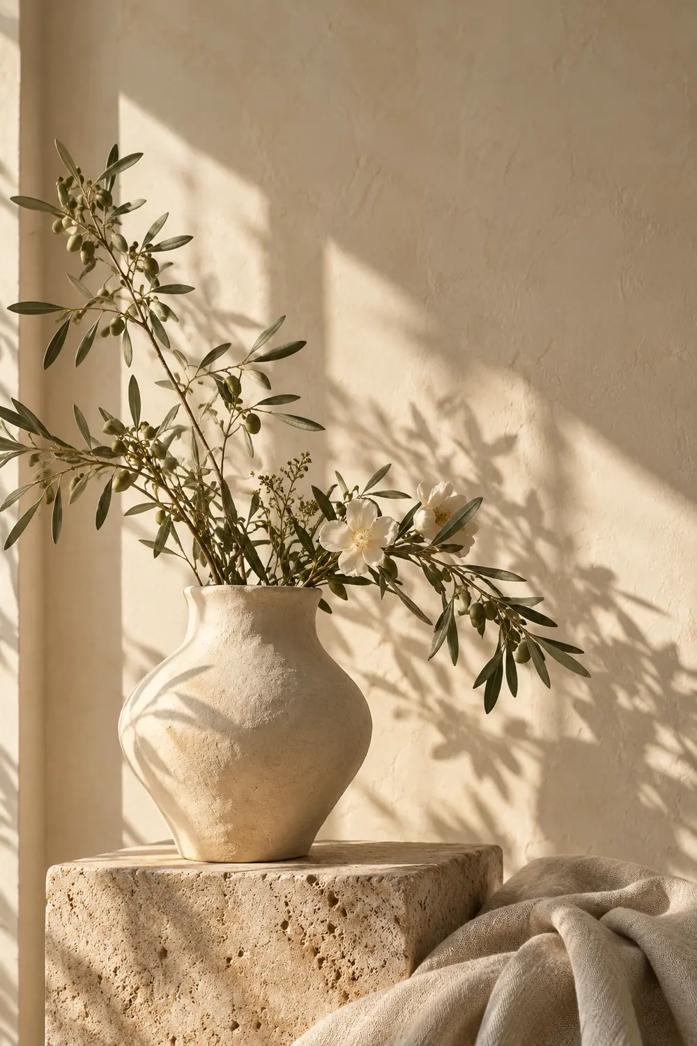 Ramos de oliveira e flores em um vaso de cerâmica, iluminados pela luz natural